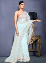 Organza Satin Silk Sea Green Party Wear Embroidery Work Saree